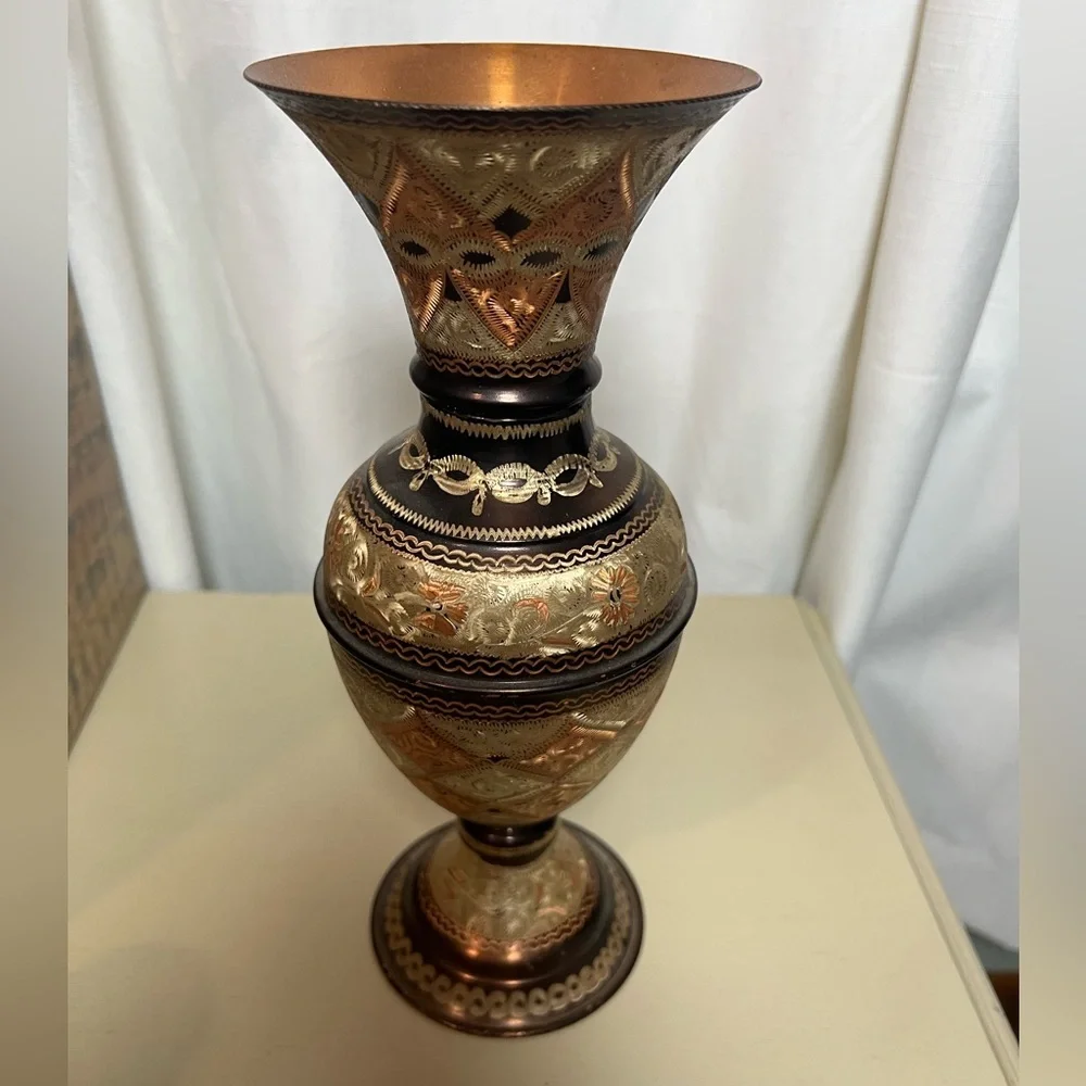 Vintage Ornate Engraved Cooper Vase